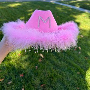 Pink Diamond Fringe Cowboy /Cowgirl Hat With Feather BOA and Rhinestone Band